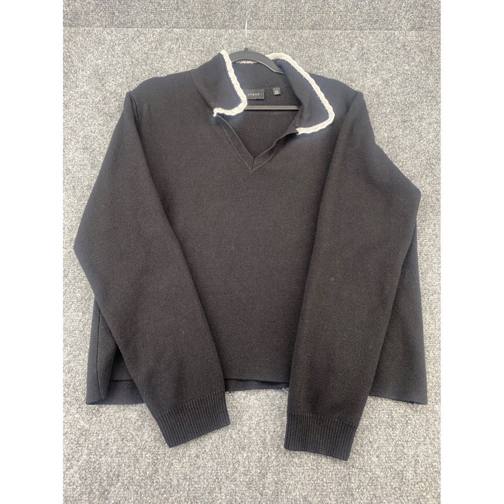 Cyrus V-Neck Sweater Womens XL Black Long Sleeve Raw Edge Trim Knit Pullover